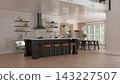 3D render of a spacious modern kitchen and dining area with a black island, bar stools, and a mezzanine level above. 143227507