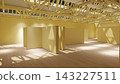 3D render of a spacious empty art gallery featuring yellow partition walls, wooden floors, and exposed ceiling beams. 143227511