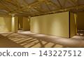 3D render of an empty exhibition gallery with yellow walls, wooden floor, and exposed ceiling trusses casting shadows. 143227512