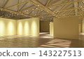 3D render of an empty modern art gallery interior with yellow partition walls, wooden floor, and exposed ceiling trusses. 143227513