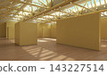 3D render of an empty exhibition hall with yellow walls, display blocks, wooden floors, and a metal truss skylight roof. 143227514