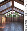 3D render of an empty room with a pitched roof, large skylights, vertical wood paneling, and dark wooden flooring. 143227516