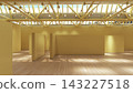 3D rendered interior of a spacious empty gallery with yellow display walls, wood floor, and a skylight ceiling structure. 143227518