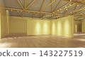 Empty exhibition hall interior 3D render featuring yellow walls, hardwood floors, and an industrial ceiling with lights. 143227519