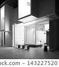 Black and white 3D render of a modern minimalist interior with slatted walls, glass doors, and geometric structures. 143227520