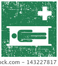 Stretcher, ISO 7010 E013 Safe Condition Evacuation Sign, Distressed Grunge Texture, Weathered Worn Safety Pictogram, Green Evacuation Fire Warning Symbol 143227817