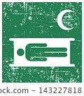 Stretcher crescent variant , ISO 7010 E013-CR Safe Condition Evacuation Sign, Distressed Grunge Texture, Weathered Worn Safety Pictogram, Green Evacuation Fire Warning Symbol 143227818