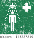 Safety shower, ISO 7010 E012 Safe Condition Evacuation Sign, Distressed Grunge Texture, Weathered Worn Safety Pictogram, Green Evacuation Fire Warning Symbol 143227819