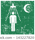 Safety shower, ISO 7010 E012 Safe Condition Evacuation Sign, Distressed Grunge Texture, Weathered Worn Safety Pictogram, Green Evacuation Fire Warning Symbol 143227820