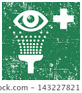 Eyewash station, ISO 7010 E011 Safe Condition Evacuation Sign, Distressed Grunge Texture, Weathered Worn Safety Pictogram, Green Evacuation Fire Warning Symbol 143227821