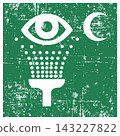 Eyewash station crescent variant , ISO 7010 E011-CR Safe Condition Evacuation Sign, Distressed Grunge Texture, Weathered Worn Safety Pictogram, Green Evacuation Fire Warning Symbol 143227822
