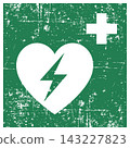 Automated external heart defibrillator, ISO 7010 E010 Safe Condition Evacuation Sign, Distressed Grunge Texture, Weathered Worn Safety Pictogram, Green Evacuation Fire Warning Symbol 143227823
