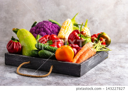 Corn, pepper, cauliflower, carrot, cucumber, tomato and zucchini Corn, pepper, cauliflower, carrot, cucumber, tomato and zucchini 143227827
