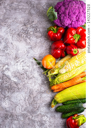 Corn, pepper, cauliflower, carrot, cucumber, tomato and zucchini Corn, pepper, cauliflower, carrot, cucumber, tomato and zucchini 143227828
