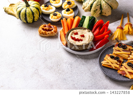 Halloween appetizers. Assortment of snack, food, party buffet Halloween appetizers. Assortment of snack, food, party buffet 143227858