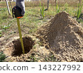 Excavation. Measuring the depth of a hole dug in the ground using a tape measure. 143227992