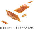 Falling dried fish pieces isolated on white background full depth of field 143228126