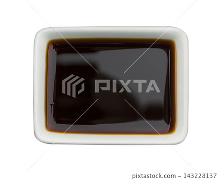 Soy sauce in white ceramic dish isolated on white background with clipping path 143228137