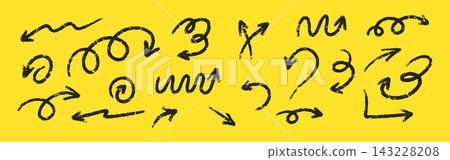 Crayon arrow set. Dynamic wax arrows in various directions on yellow background. Chalk vector illustration Crayon arrow set. Dynamic wax arrows in various directions on yellow background. Chalk vector illustration 143228208