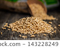 Scoop of Wood Pellets Spilling From Bag for Heating Fuel and Sustainable Biomass Energy 143228249