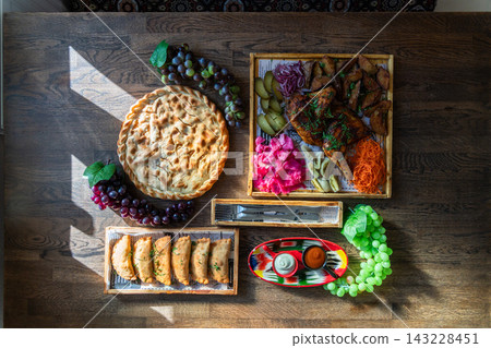 Overhead flat lay of a rustic feast 143228451