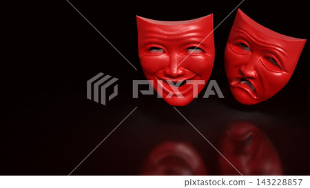 Red Comedy and Tragedy Theater Masks on Black Background 3d render. Red Comedy and Tragedy Theater Masks on Black Background 3d render. 143228857
