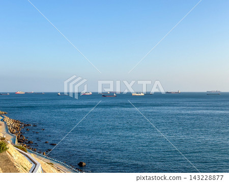 The beautiful blue sea stretches along the coast of Busan. The beautiful blue sea stretches along the coast of Busan. 143228877