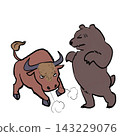 Illustrations of a bull representing a bull market and a bear representing a bear market. 143229076
