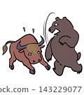 Illustrations of a bear representing a bear market and a bull representing a bull market. 143229077