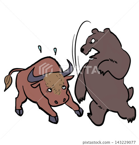 Illustrations of a bear representing a bear market and a bull representing a bull market. Illustrations of a bear representing a bear market and a bull representing a bull market. 143229077