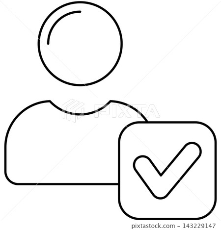 Line art style icon illustration of a user profile avatar with checkmark approved badge isolated on transparent background. Minimalist thin line design element for verified account. 143229147