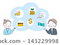 Business man and woman providing asset management and financial guidance with finance icons in a cloud 143229998