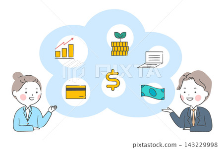 Business man and woman providing asset management and financial guidance with finance icons in a cloud 143229998