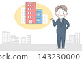 Businessman Guiding to Buildings in Thought Bubble with City Skyline, Real Estate Investment Flat Vector Illustration 143230000