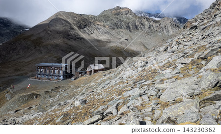 View towards Studl Hut below Grossglockner, dramatic high alpine mountain landscape with glacier ice, rugged peaks, snowfields, and rocky terrain in High Tauern National Park View towards Studl Hut below Grossglockner, dramatic high alpine mountain landscape with glacier ice, rugged peaks, snowfields, and rocky terrain in High Tauern National Park 143230362