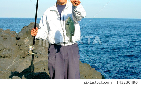 Black sea bream fishing at the rocky shore of Jogasaki, Izu. Black sea bream fishing at the rocky shore of Jogasaki, Izu. 143230496