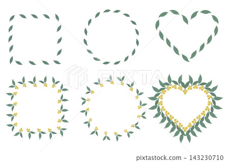 Six botanical frames with green leaves form square, circle, and heart borders in a hand drawn style. Vector illustration isolated on white for wedding invitations, greeting cards and custom stationery Six botanical frames with green leaves form square, circle, and heart borders in a hand drawn style. Vector illustration isolated on white for wedding invitations, greeting cards and custom stationery 143230710