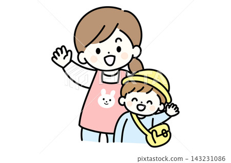 Illustration of children and teachers cheerfully greeting each other | A scene of children waving as they arrive at a nursery or kindergarten. Illustration of children and teachers cheerfully greeting each other | A scene of children waving as they arrive at a nursery or kindergarten. 143231086