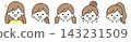 A set of illustrations featuring five different female hairstyles: long hair, side ponytail, pigtails, bun, and ponytail. 143231509