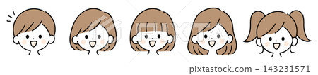A set of illustrations featuring five different female hairstyles: short hair, bob, blunt bangs, loose and wavy medium length hair, and pigtails. A set of illustrations featuring five different female hairstyles: short hair, bob, blunt bangs, loose and wavy medium length hair, and pigtails. 143231571