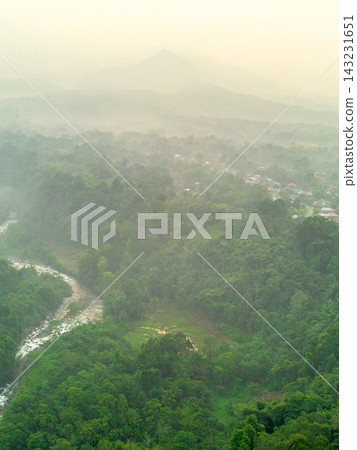 beauty morning light sunrise at paddy fields asia, Beautiful morning view in Indonesia, panoramic landscape of rice fields with mountain ranges and clear sky 143231651