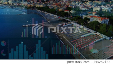 Showing rows of sunbeds and umbrellas on resort beach by promenade, piers and overlays Showing rows of sunbeds and umbrellas on resort beach by promenade, piers and overlays 143232188