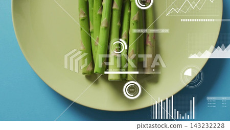 Displaying bundle of green asparagus aligned on yellow plate on cyan-blue studio tabletop, with HUD Displaying bundle of green asparagus aligned on yellow plate on cyan-blue studio tabletop, with HUD 143232228