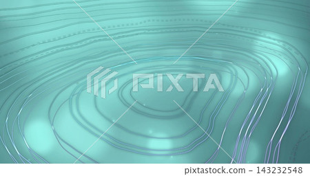 Showing central nested contours forming bowl ridges in 3D render with luminous strands, glow points. Topographic, rings, grooves, gradient, grid, glossy, teal 143232548