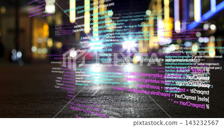 Floating holographic code plane stretching along wet urban street at night, reflecting headlights. Neon, cityscape, hologram, overlay, digital, reflections, bokeh Floating holographic code plane stretching along wet urban street at night, reflecting headlights. Neon, cityscape, hologram, overlay, digital, reflections, bokeh 143232567