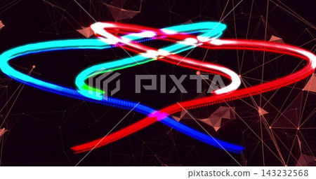 Glowing multicolored neon trails weaving across digital canvas, with golden wireframe and particles. Generative, ribbons, motion, grid, nodes, triangles, red Glowing multicolored neon trails weaving across digital canvas, with golden wireframe and particles. Generative, ribbons, motion, grid, nodes, triangles, red 143232568