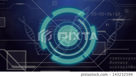 Displaying central circular HUD in diagnostic UI, showing three DNA helices timestamp 00:00:06:12. Genomics, dashboard, interface, overlay, visualization, futuristic, teal Displaying central circular HUD in diagnostic UI, showing three DNA helices timestamp 00:00:06:12. Genomics, dashboard, interface, overlay, visualization, futuristic, teal 143232594
