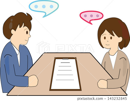 一男一女正在諮詢有關文件申請流程的問題。 143232845