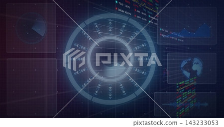 Displaying central circular HUD rotating on digital dashboard, showing concentric rings and ticker Displaying central circular HUD rotating on digital dashboard, showing concentric rings and ticker 143233053