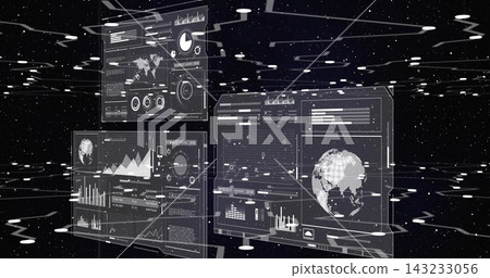 Displaying three holographic dashboards floating in virtual space, showing wireframe globe, charts Displaying three holographic dashboards floating in virtual space, showing wireframe globe, charts 143233056
